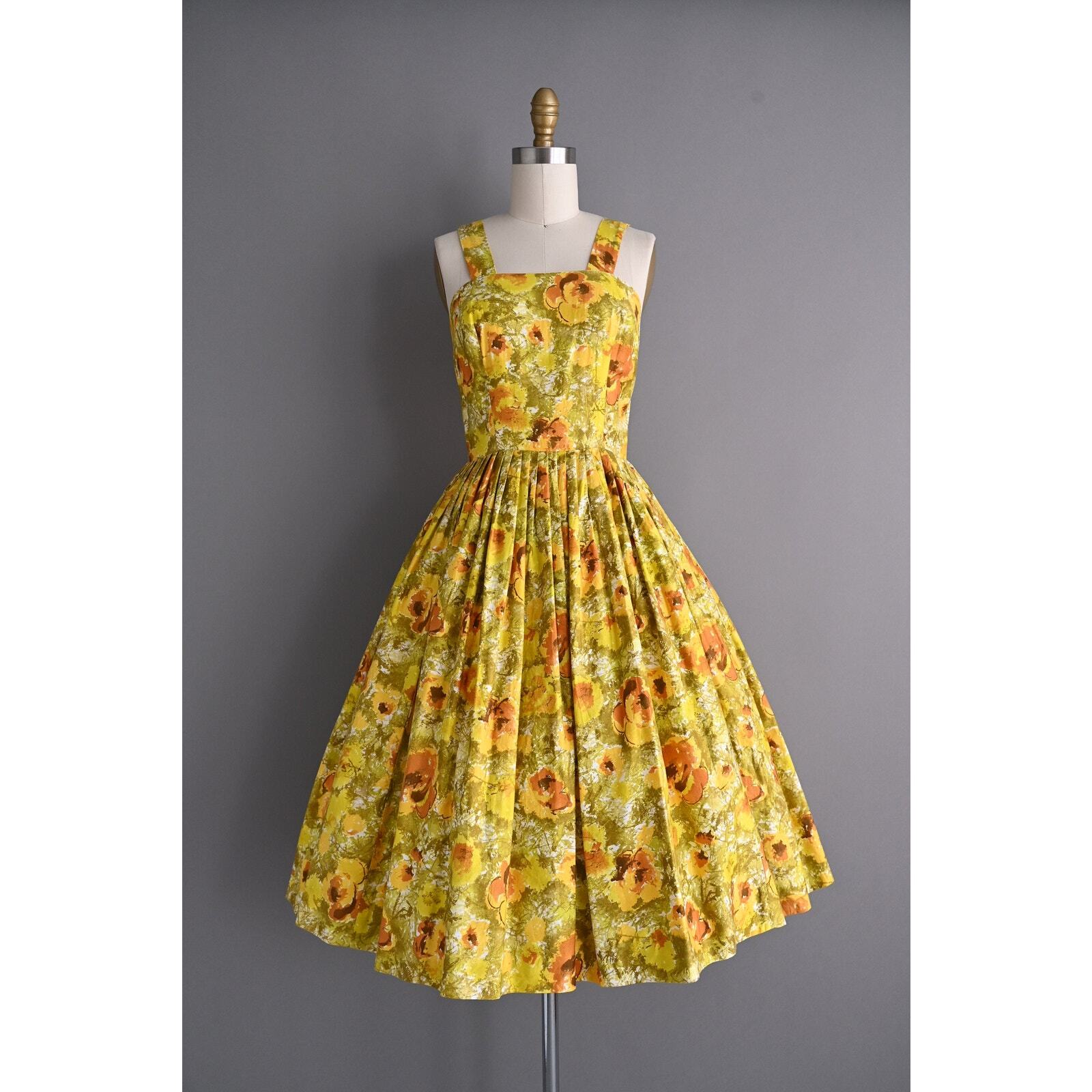 vintage 1950s 50s Golden Floral Print Polished Cotton Full Skirt Dress S Small
