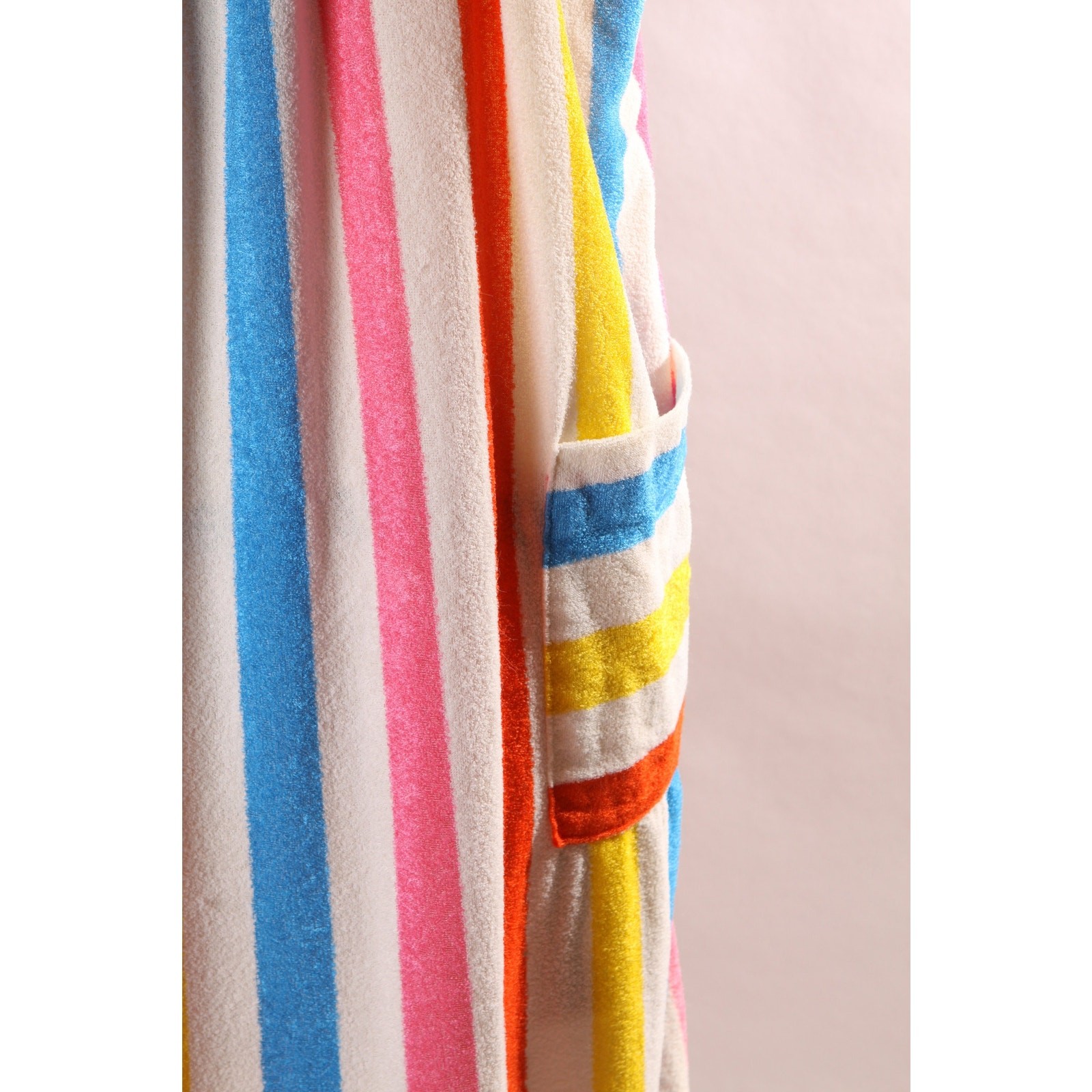 1970s White and Rainbow Striped Short Sleeve Pocketed Ankle Length Dress-S