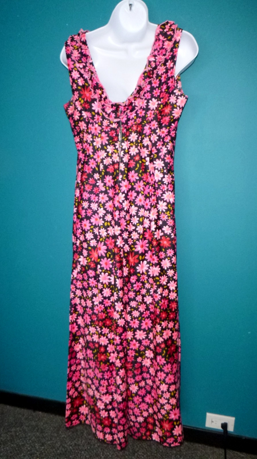 Vtg Charlotta Of California By Glazier Flower Power Maxi Dress PINK Daisies Sz M