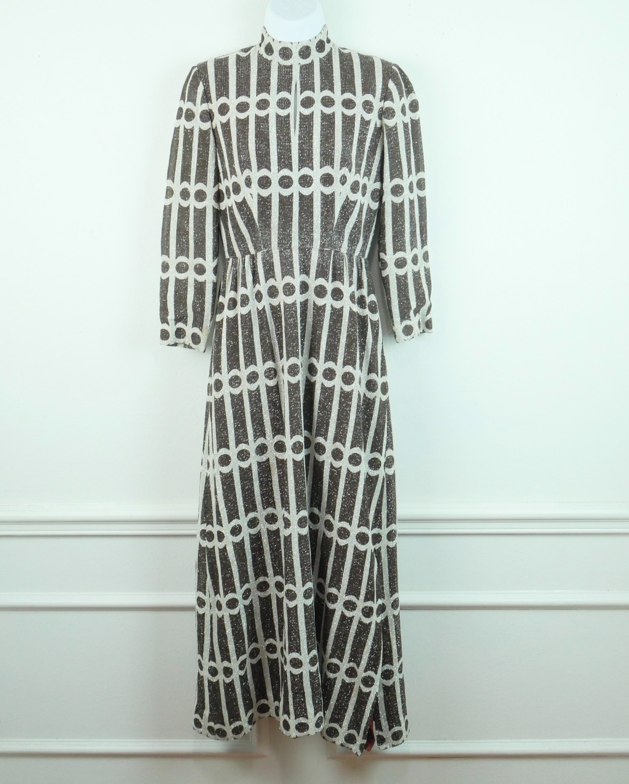 Vintage 60s Hostess Dress Metallic Sparkle Maxi Retro Glam XS S 70s Geometric