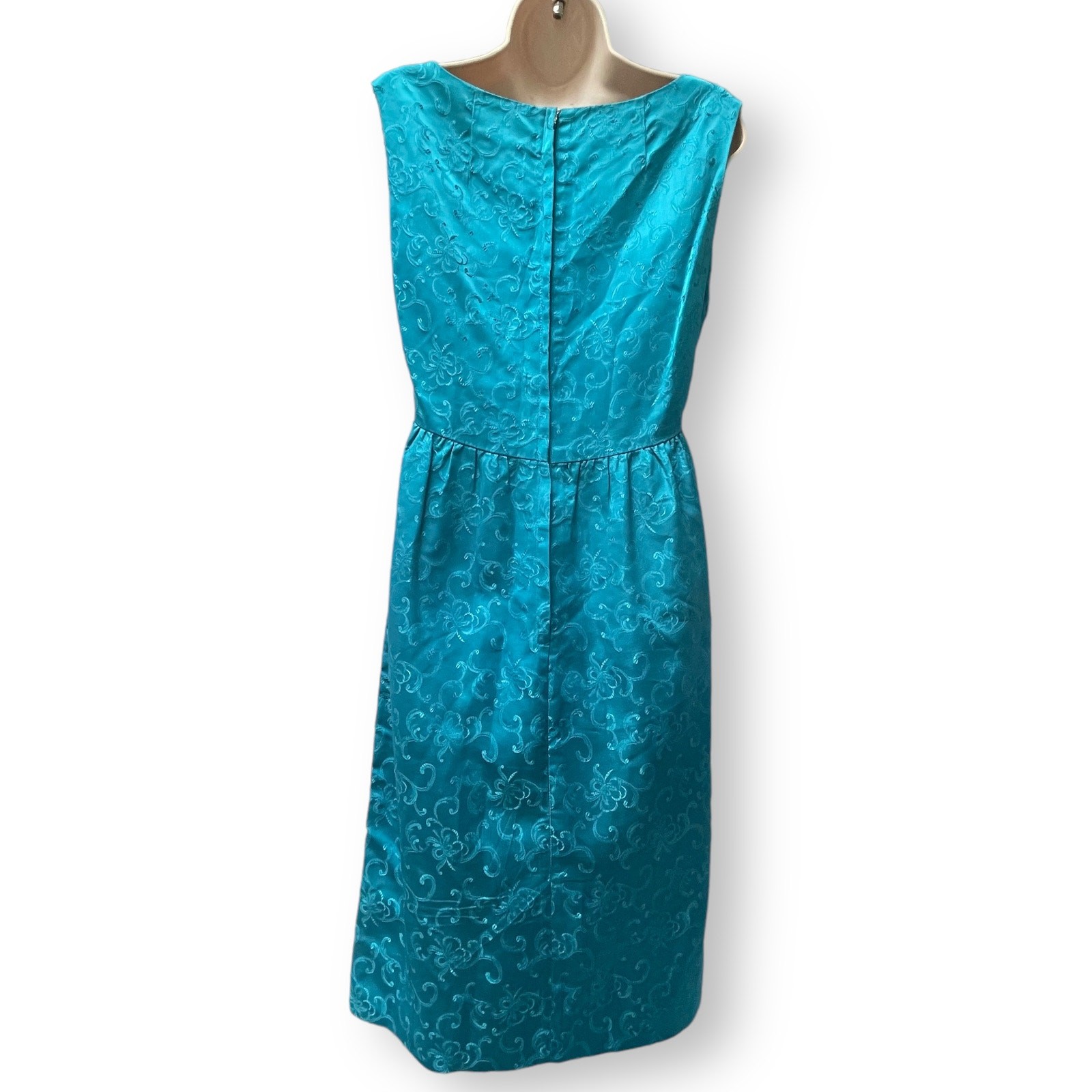 1960’s Empire Waist Teal Blue Chinese Floral Brocade Sleeveless Dress With Bows