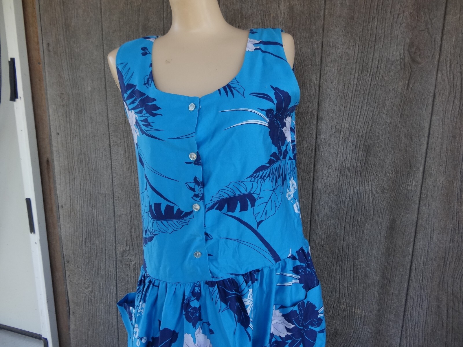 Vtg Blue White ALOHA MuuMuu Polished Cotton Tropical Hawaiian Hawaii Dress US