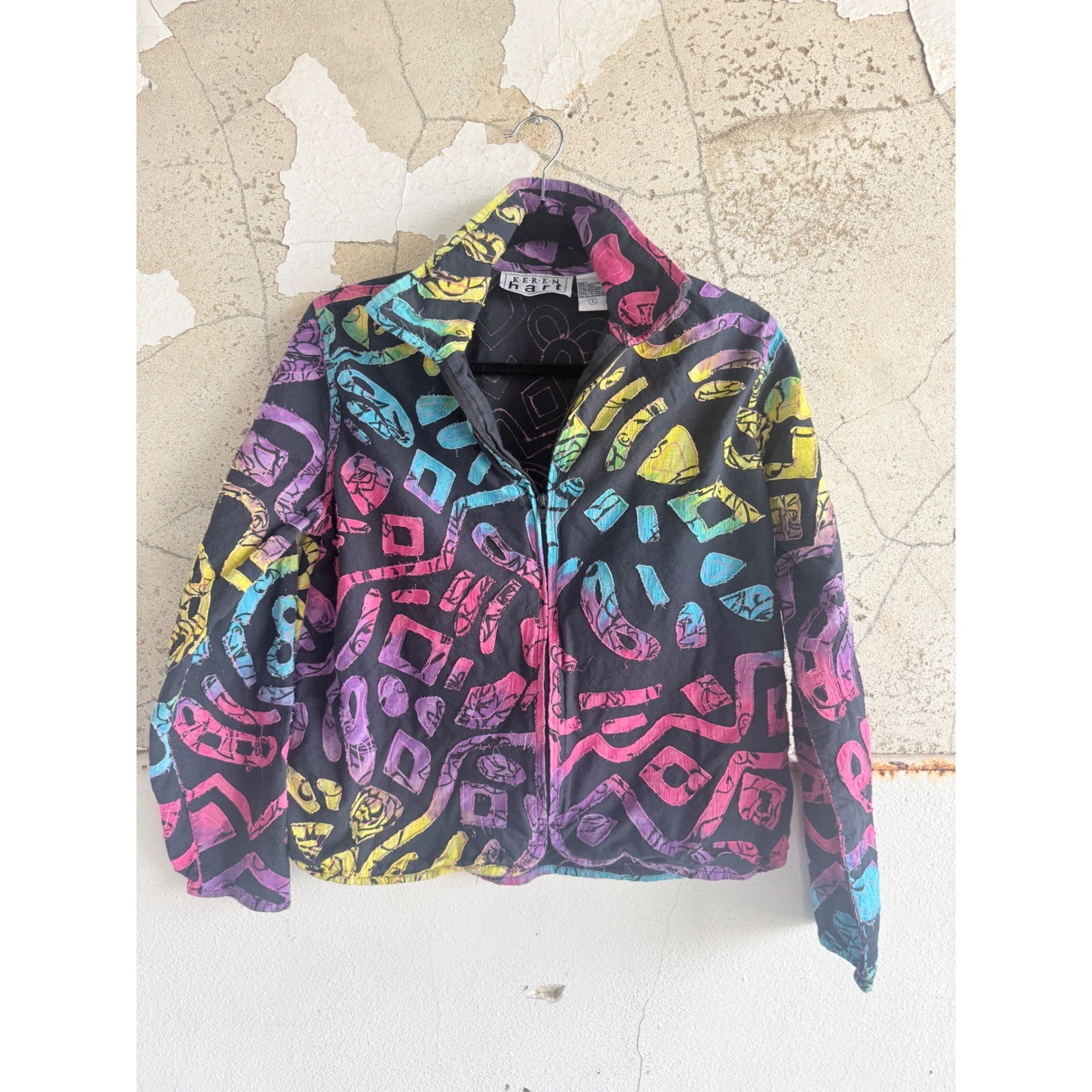 Vtg 90s Jacket Art to Wear Abstract Artsy Applique Cropped Trucker Keren Hart S