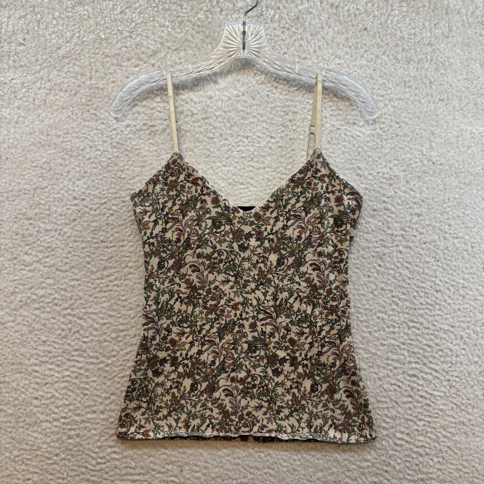Y2K Vintage Camisole Tank Top Medium Beige Floral Boho Fairy Grunge Shelf Bra