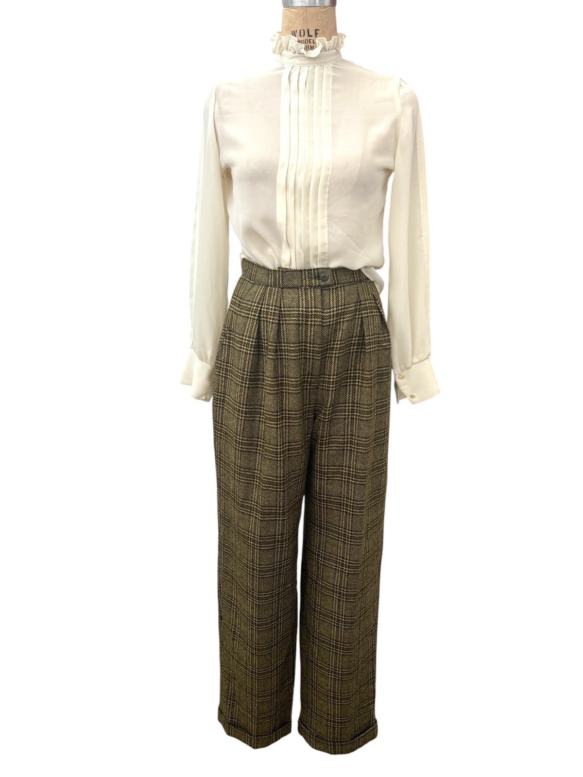 VINTAGE Cream Blouse Womens Size S Pleats Shirt Off White Back Buttons