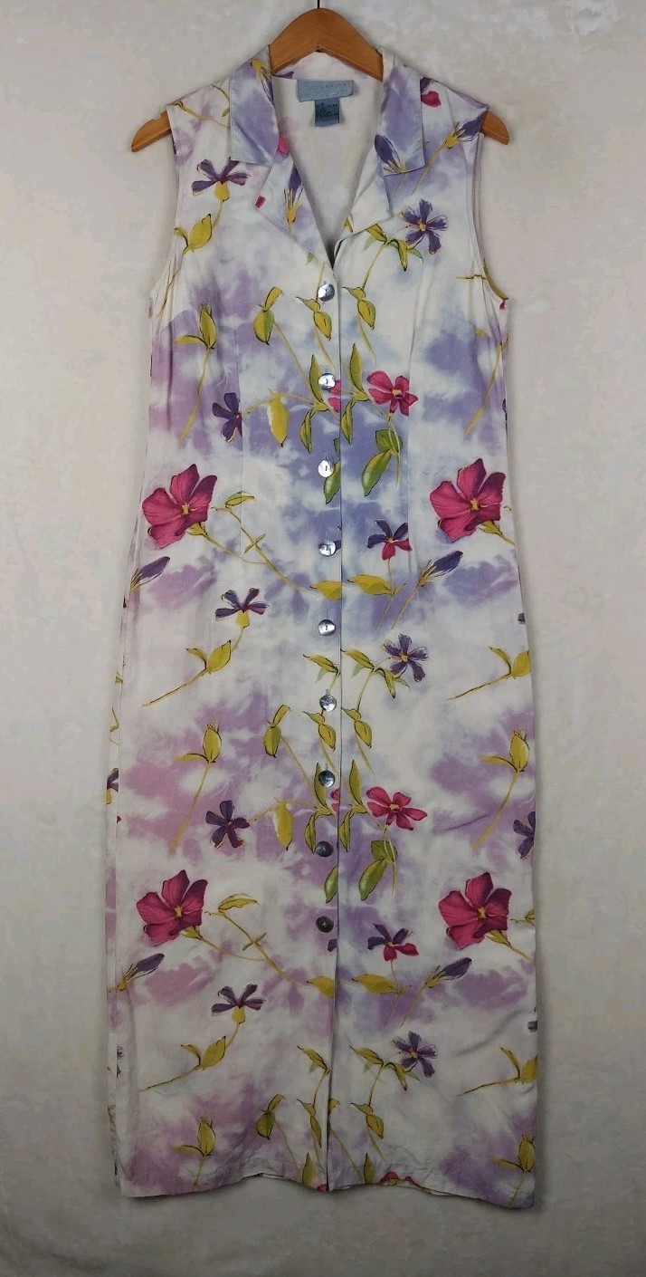 VTG 90s Carol Anderson Maxi Dress Womens 10 Floral Silk Linen Button Down Front
