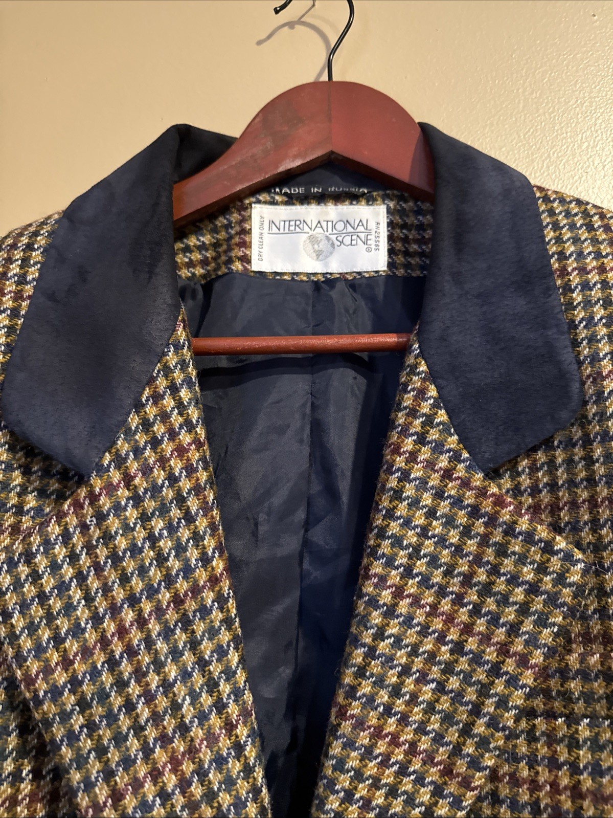 Vtg International Scene Wool Blazer Houndstooth Suede Collar Womens 10 Russia