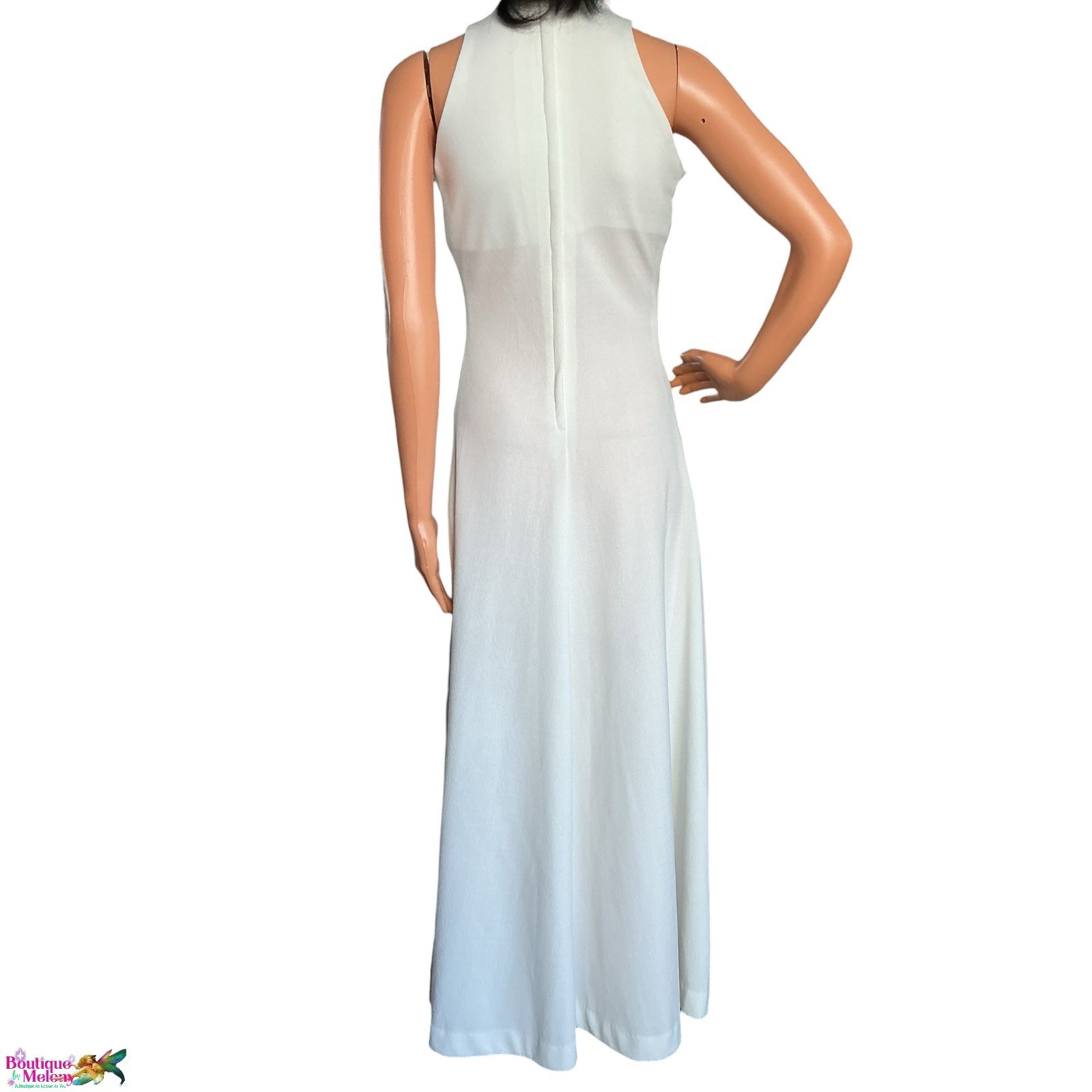 Minimalist White Crepe Knit Midi Dress Sleeveless High Neck A Line Stretch