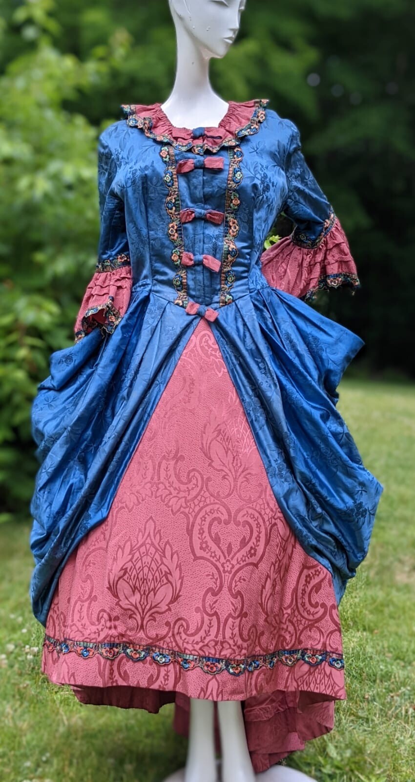 MOST BEAUTIFUL ANTIQUE BLUE SILK POLONAISE COSTUME DRESS IN 18TH C STYLE