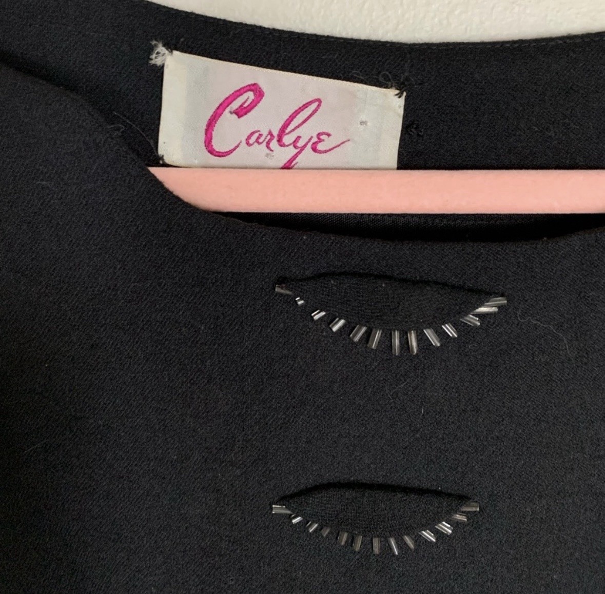 Vintage Carlye Mid-Century Black Belted Wool Beaded Bateau Neckline Midi Dress