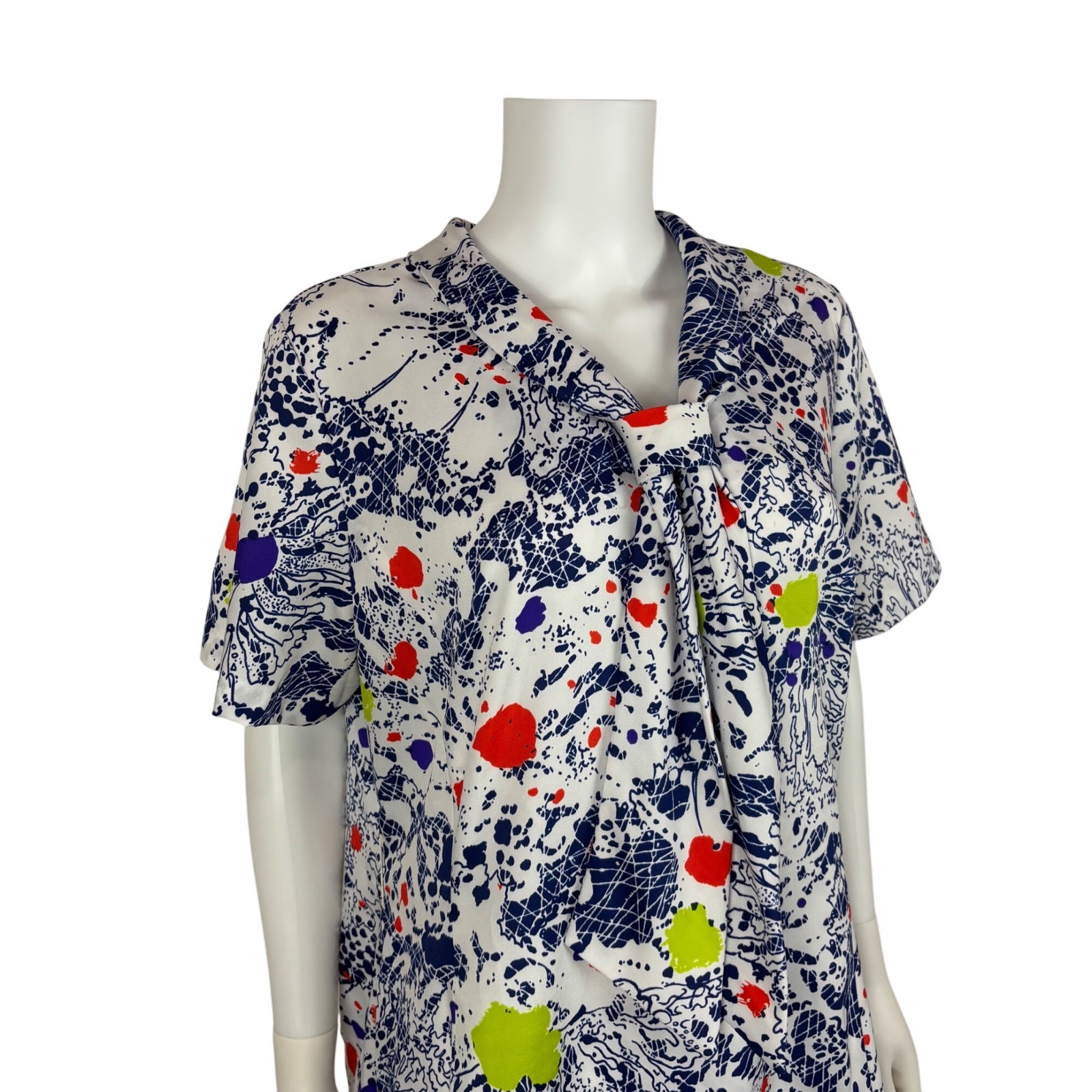 Vintage 70s Colorful Dress Womens XL Artsy Splatter Print Necktie Shift