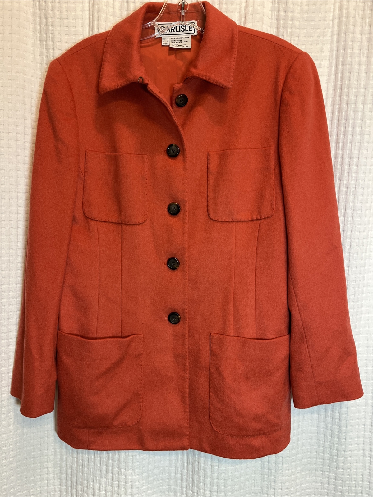 VTG Carlisle Size 12 Deep Coral / Orange 100% Cashmere Jacket Pockets Shacket T4