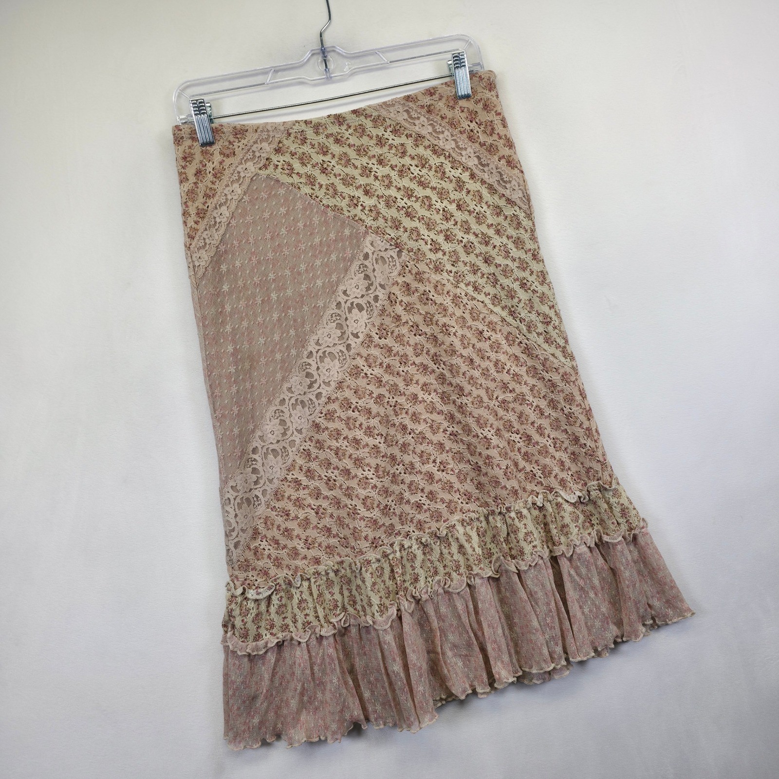 Floral Patchwork Lace Boho Skirt Womens M Pink Cottagecore Coquette Ruffle Y2K