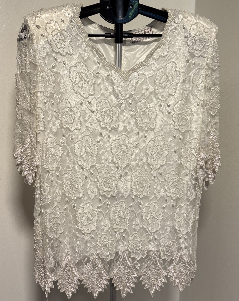 VINTAGE Creative Touch Sequined & Beaded Ivory Women’s Top – L