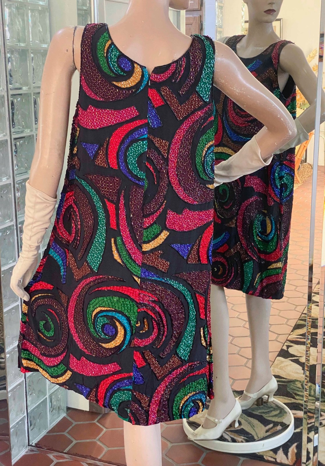 VTG 70s Black Silk Multicolor Psychedelic Beaded Dress 10 Unique A LINE