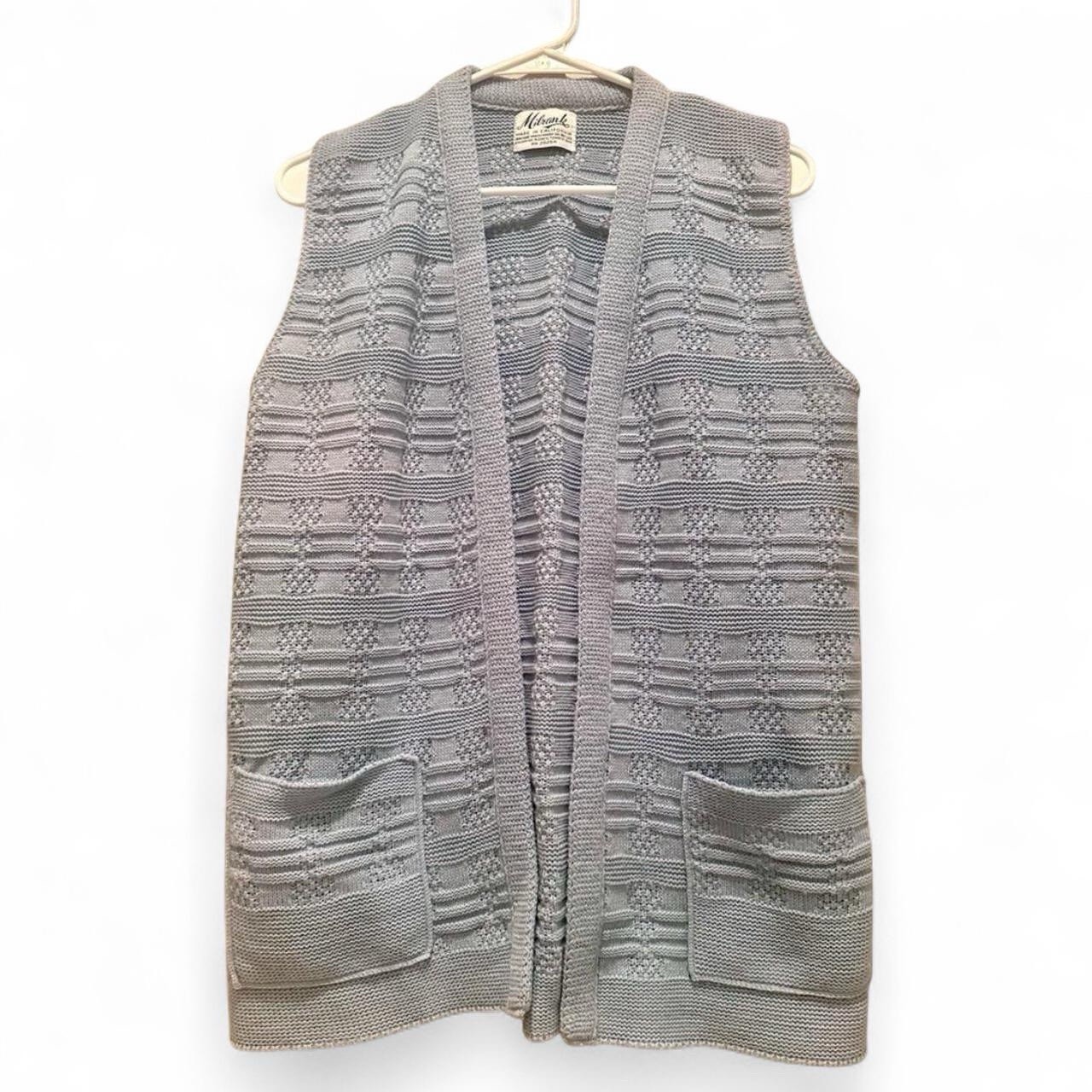Vintage Milrank 70s 80s Blue Knit Sweater Vest Open Front Pockets Made USA S/M