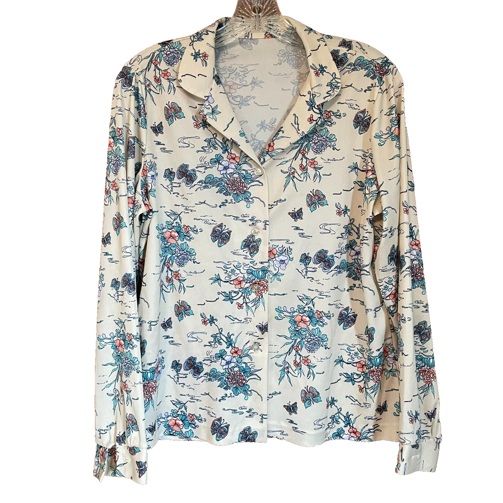VTG Groovy 70s Polyester Button Down Shirt Butterflies Flowers disco hippie