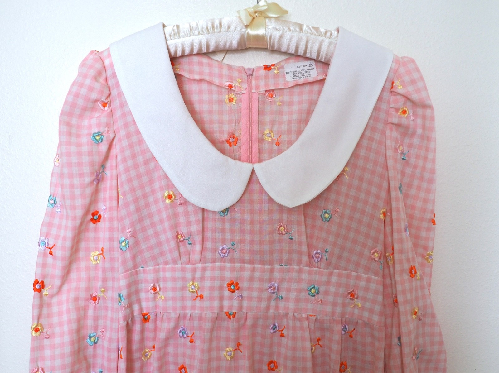 Vintage 70s Gingham Maxi Dress Empire Waist Gown Peter Pan Collar Pastel Kawaii