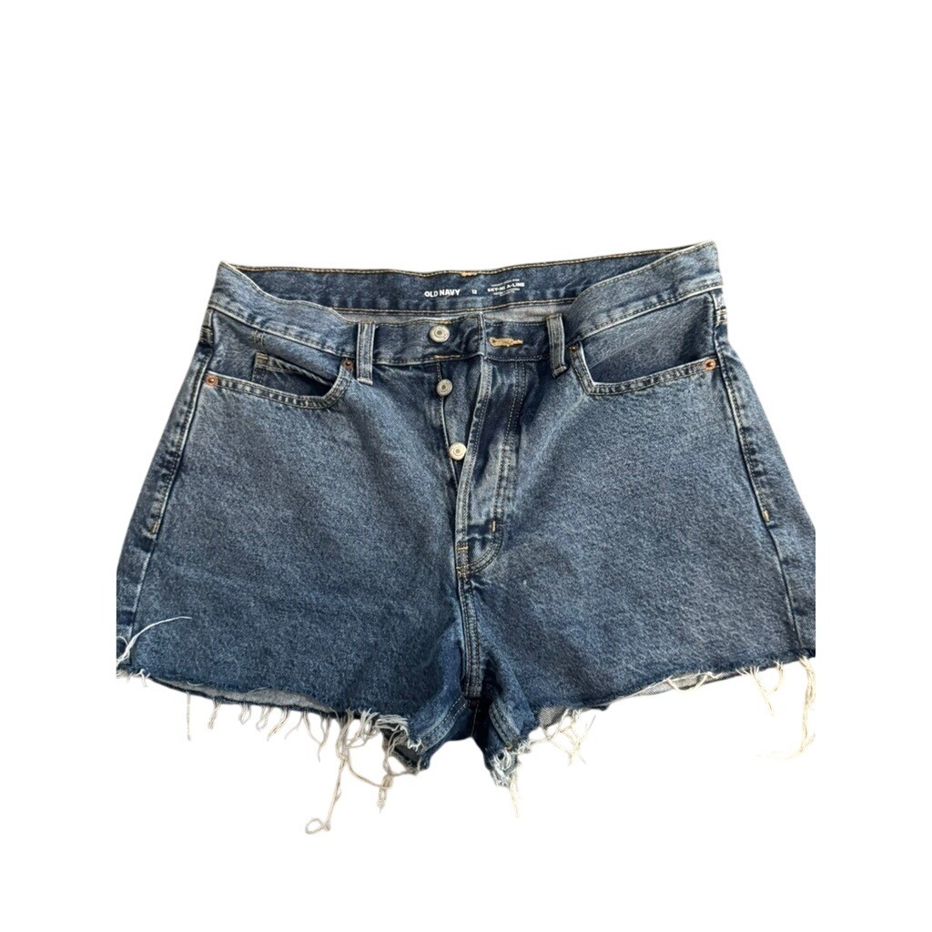 Old Navy Sky-Hi A-Line Denim Shorts Size 12 Button Fly Raw Hem Medium Wash