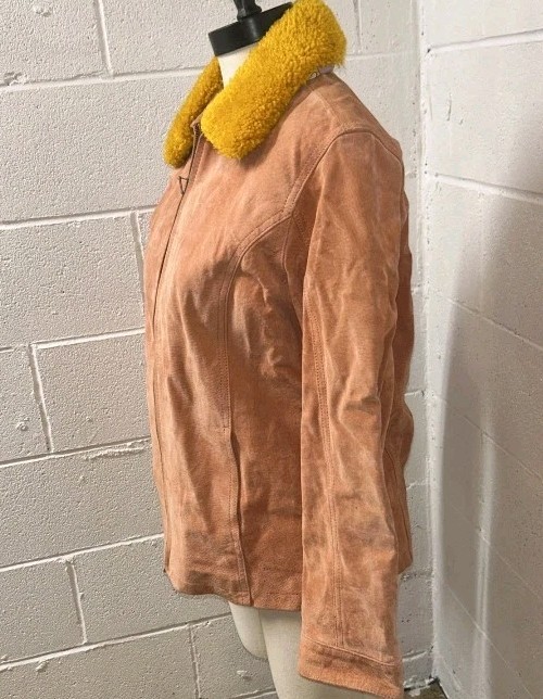 Vintage Woman’s Suede Jacket Pink Orange Faux Sherpa Collar Sz M Retro B2 Style