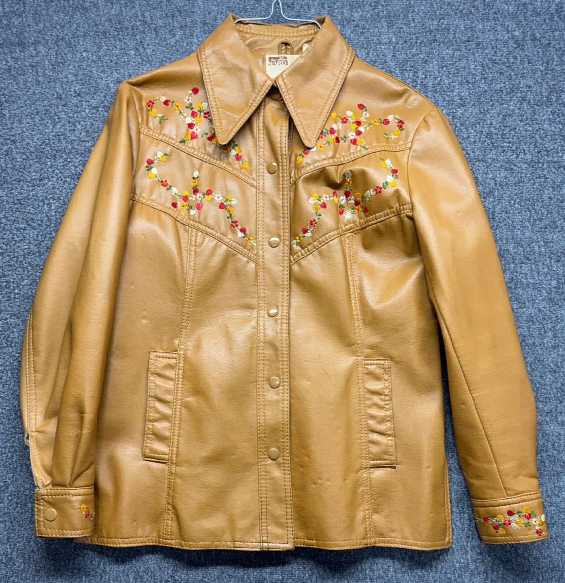 VTG Montgomery Ward Jacket Women S Brown Vinyl Snap Embroidered Flowers Pleather