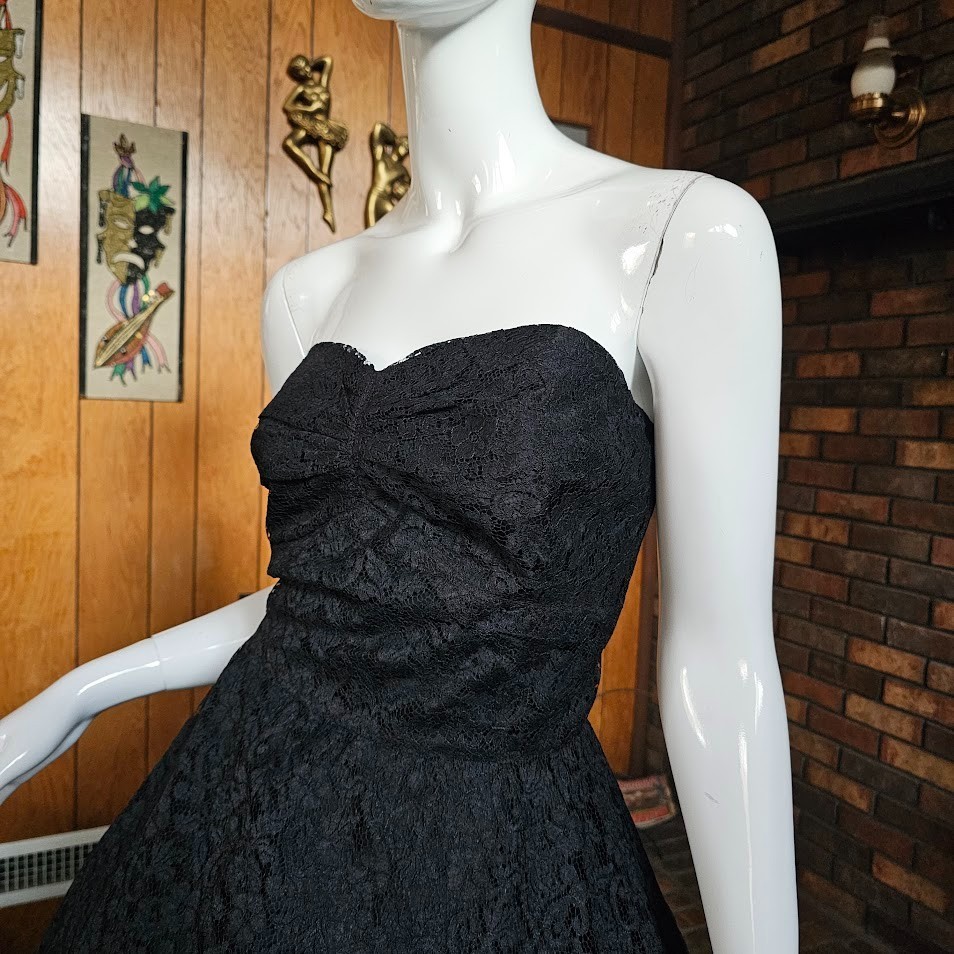 Vintage 1950s Black Lace Circle Prom Evening Cocktail Party Dress w/ Bolero XS/S