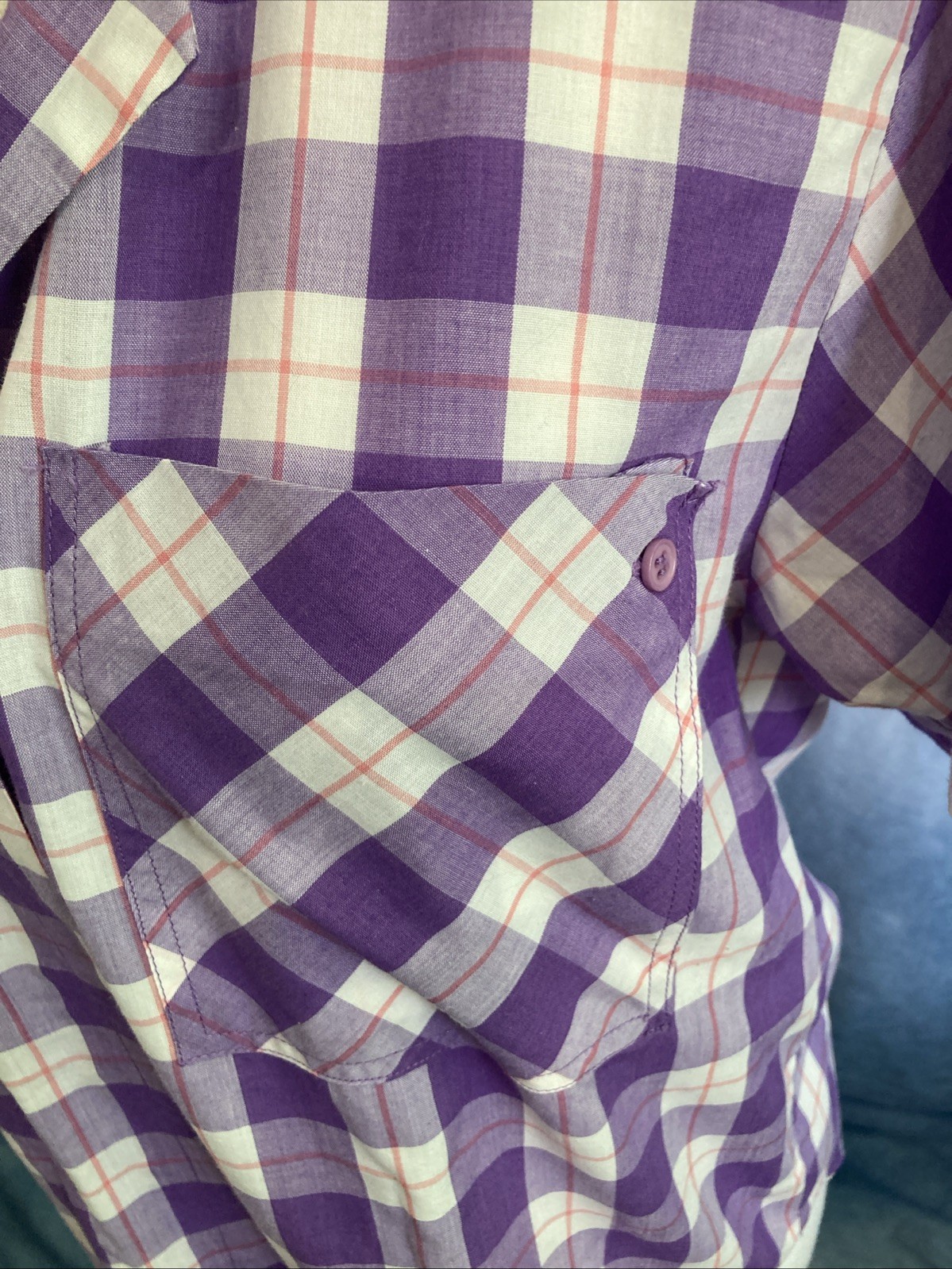 VTG 80s 90s Easton Park Plaid Camp Shirt Blouse Top Purple Gingham Collar Grunge