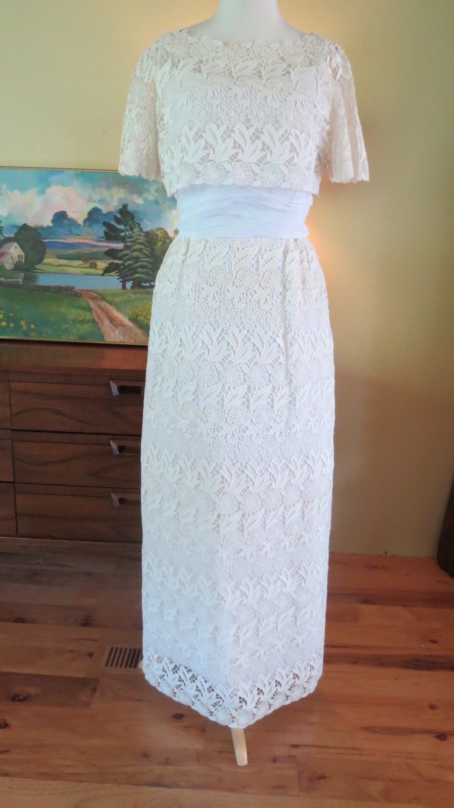 Vtg A Angelo Edythe Vincent Capelet Wedding Dress, Layer Column Guipure Lace 4