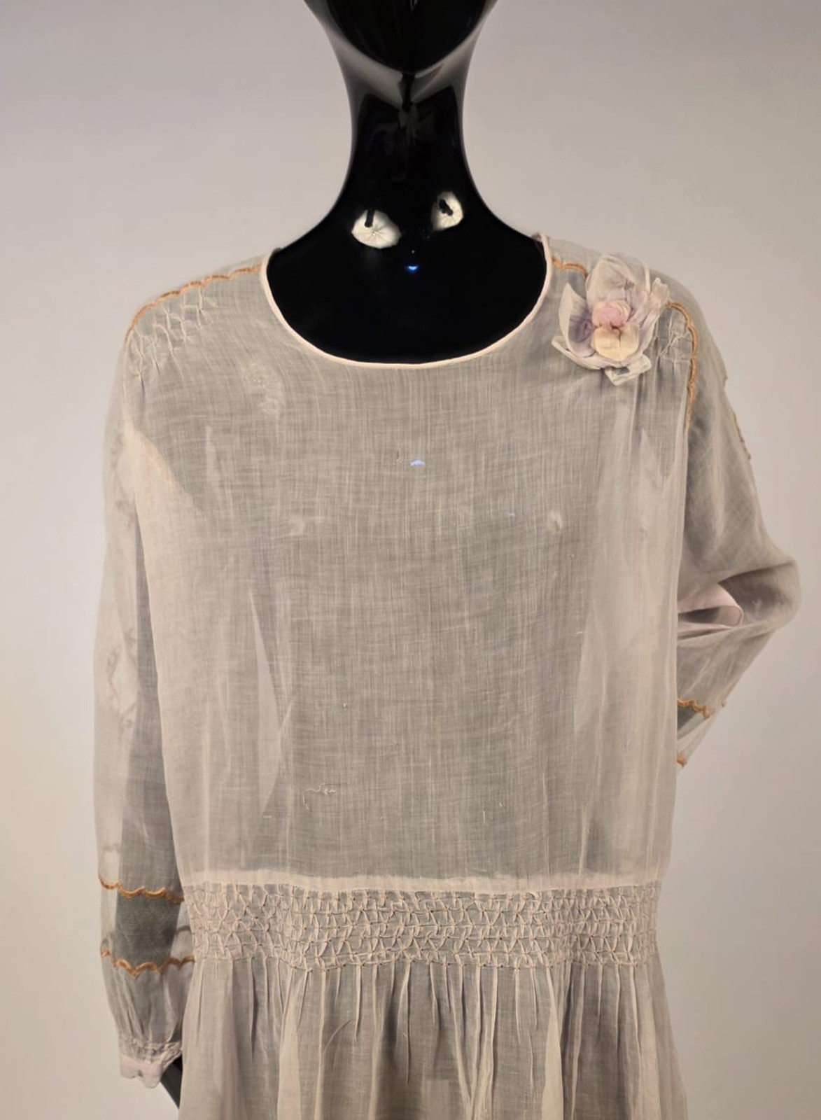 SWEET FLAPPER 1920’S SHEER MUSLIN DRESS W HAND EMBROIDERY + DIAMOND CUTOUTS