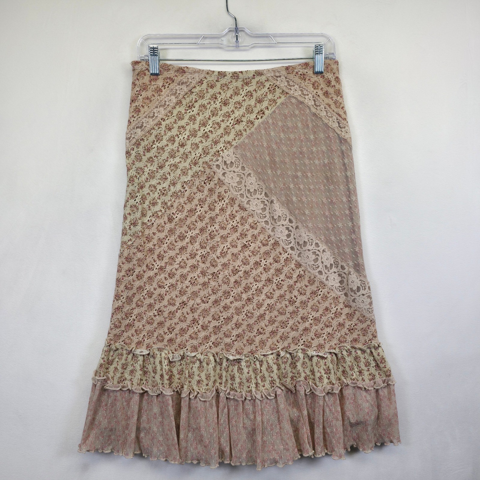Floral Patchwork Lace Boho Skirt Womens M Pink Cottagecore Coquette Ruffle Y2K