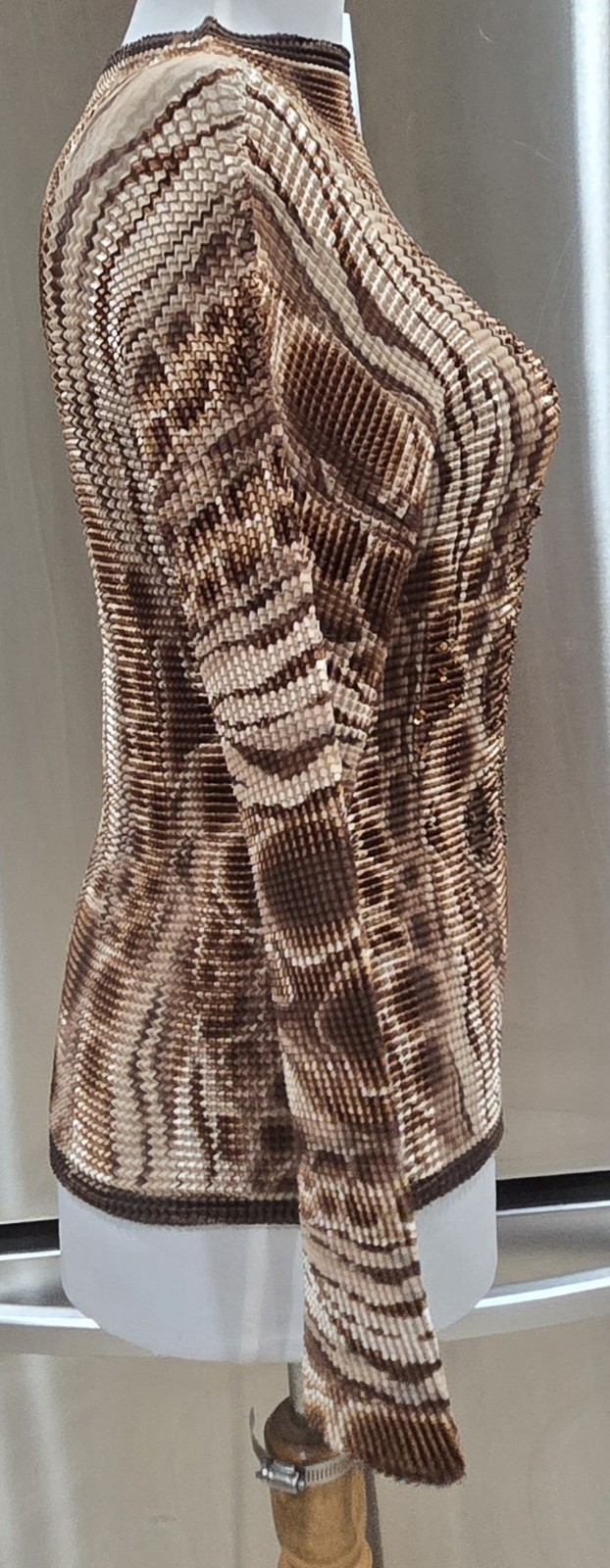 1990s Copper Sequined Earthtone Abstract Animal Print Crinkle Pleated Top S-XL