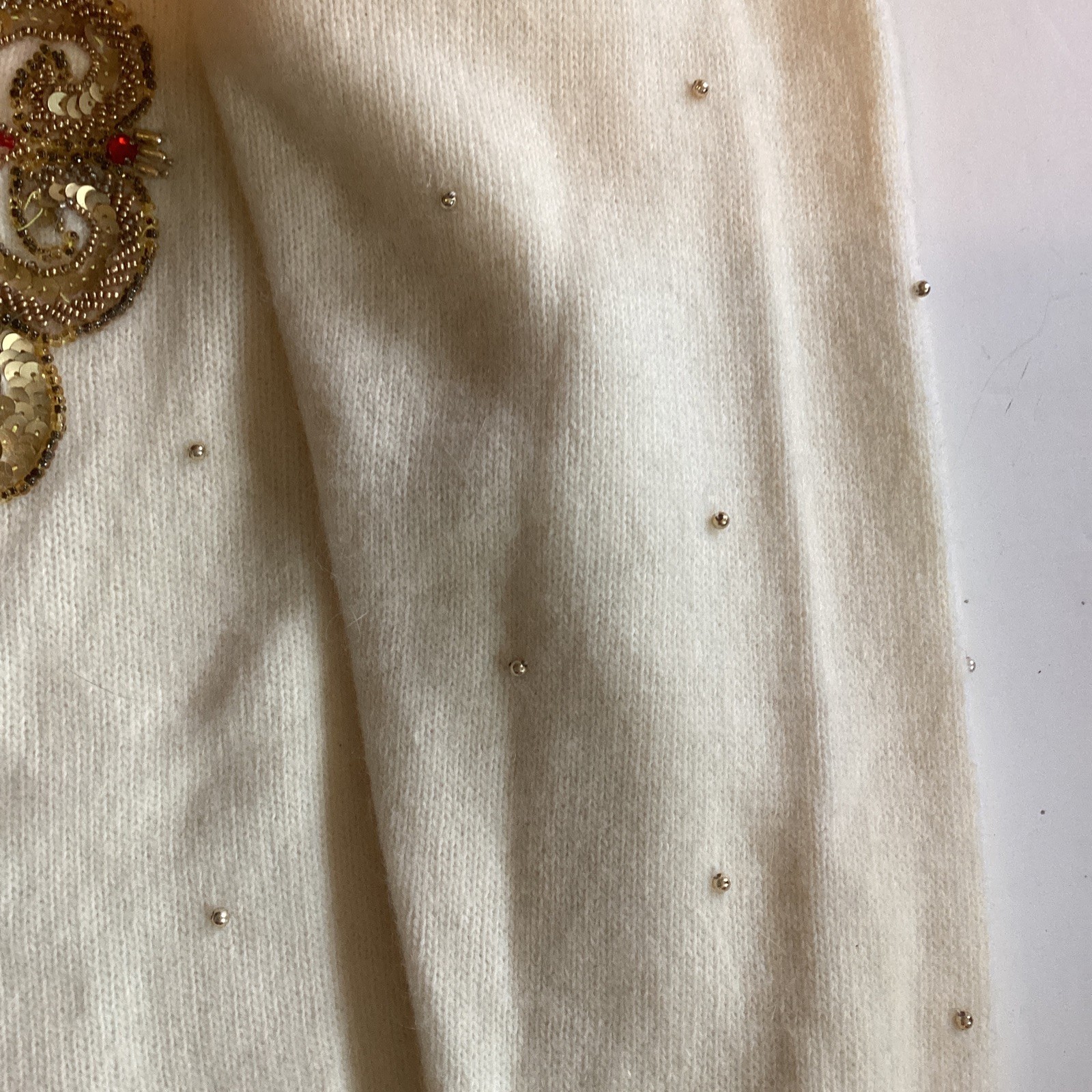VTG Marisa Christina Sweater Winter White Wool/Angora Large Gold & Red Beading