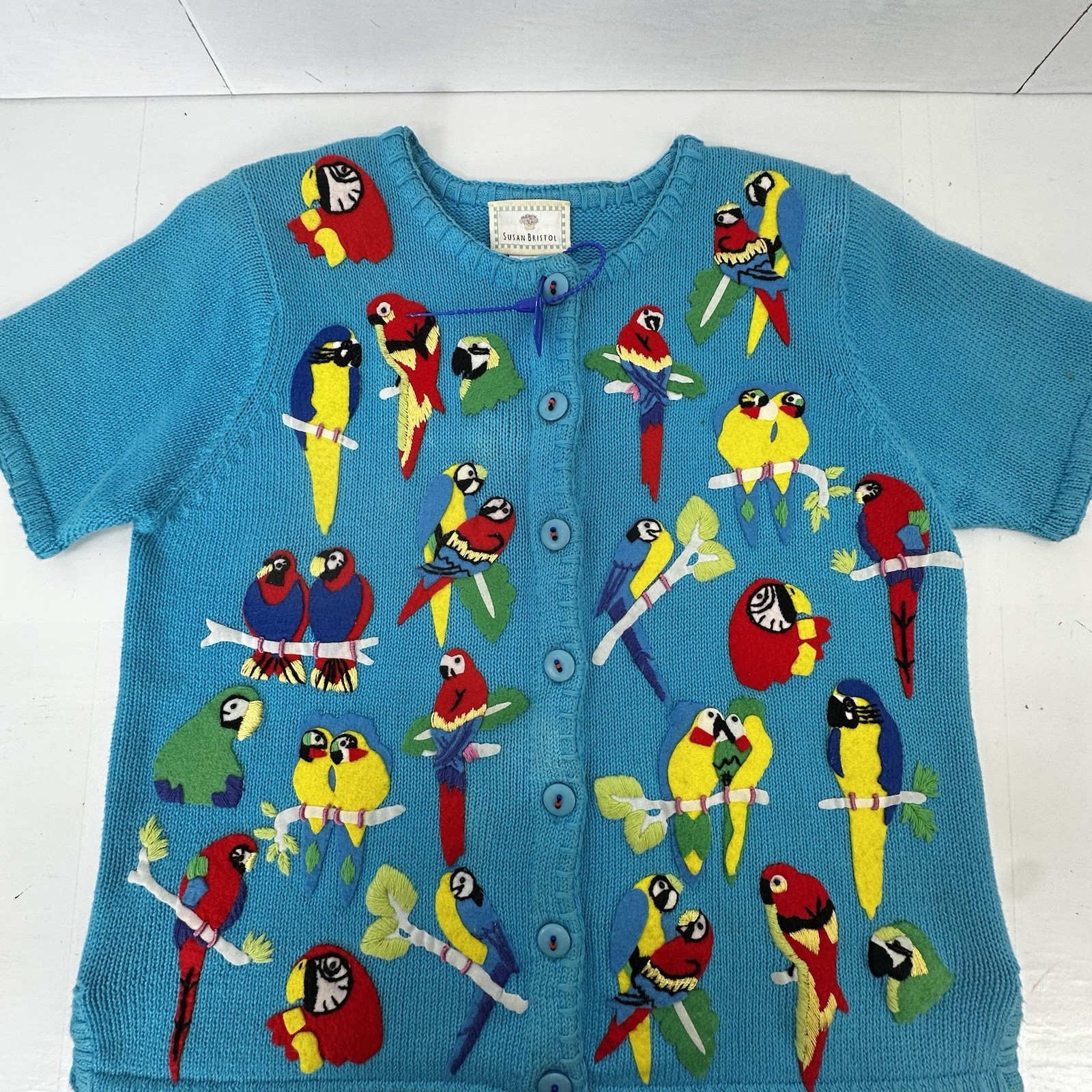 Susan Bristol VTG 1999 Parrot Cardigan Tropical Bird Knit RamieCotton Y2K S READ