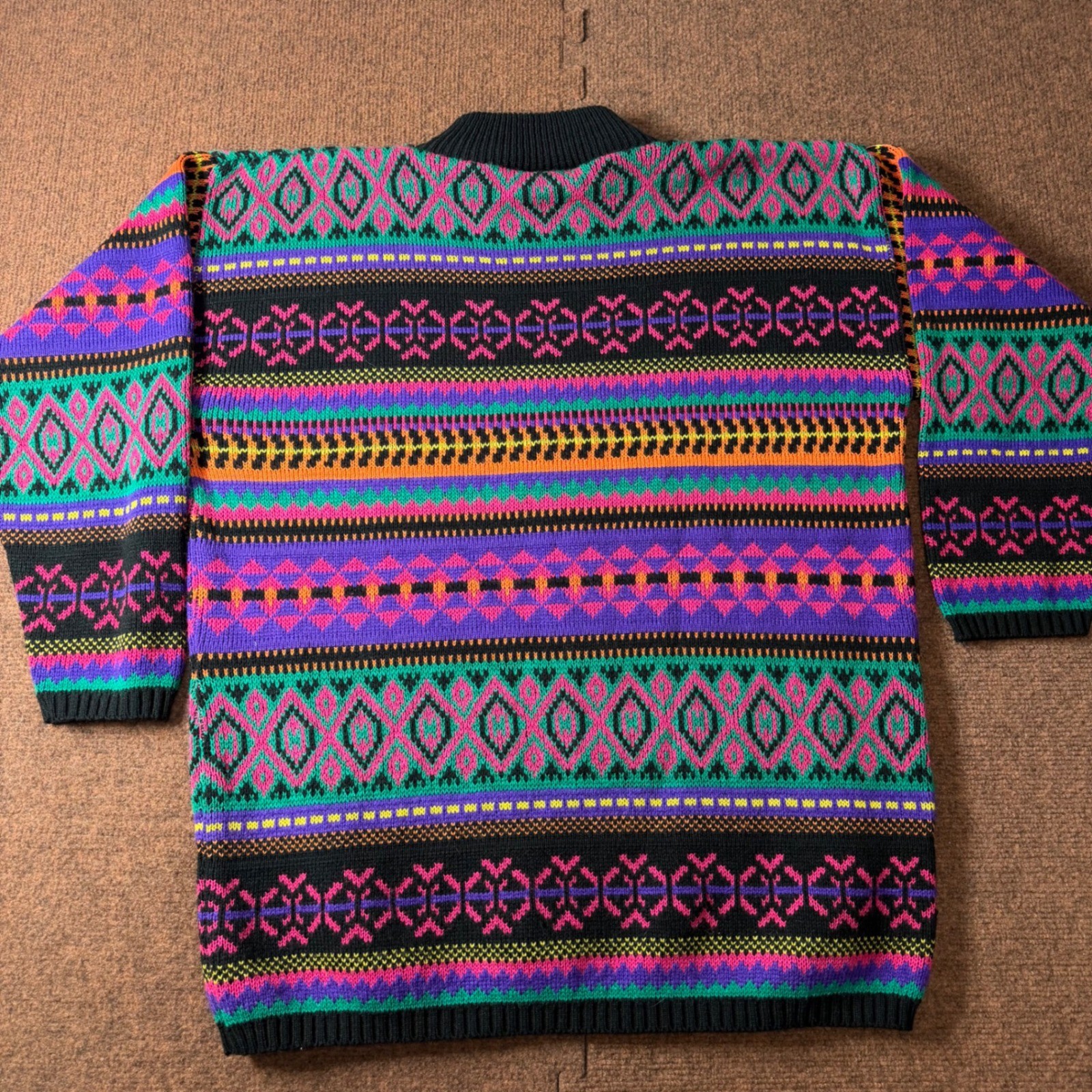 Vintage Kimberly Hunter Neon Geometric Fair Isle Mock Neck Sweater USA Made XL