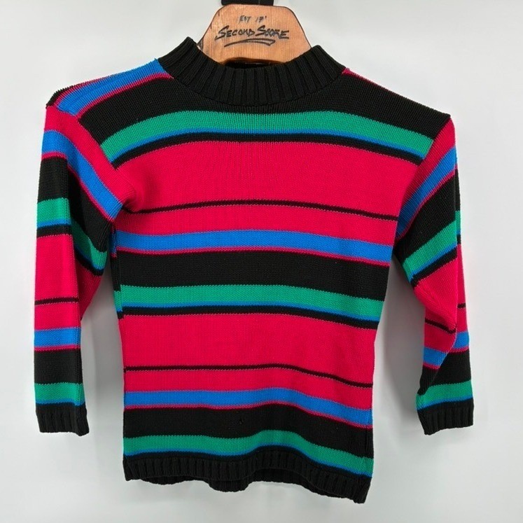 VNTG 90’s Croquet Club Striped Mock Neck Sweater Pink Blue Green Black USA Made