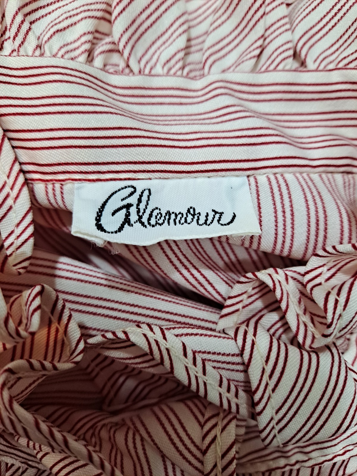 Vintage 1970s 80s Red Striped Ruffled Button Up Shirt Blouse Size Large?