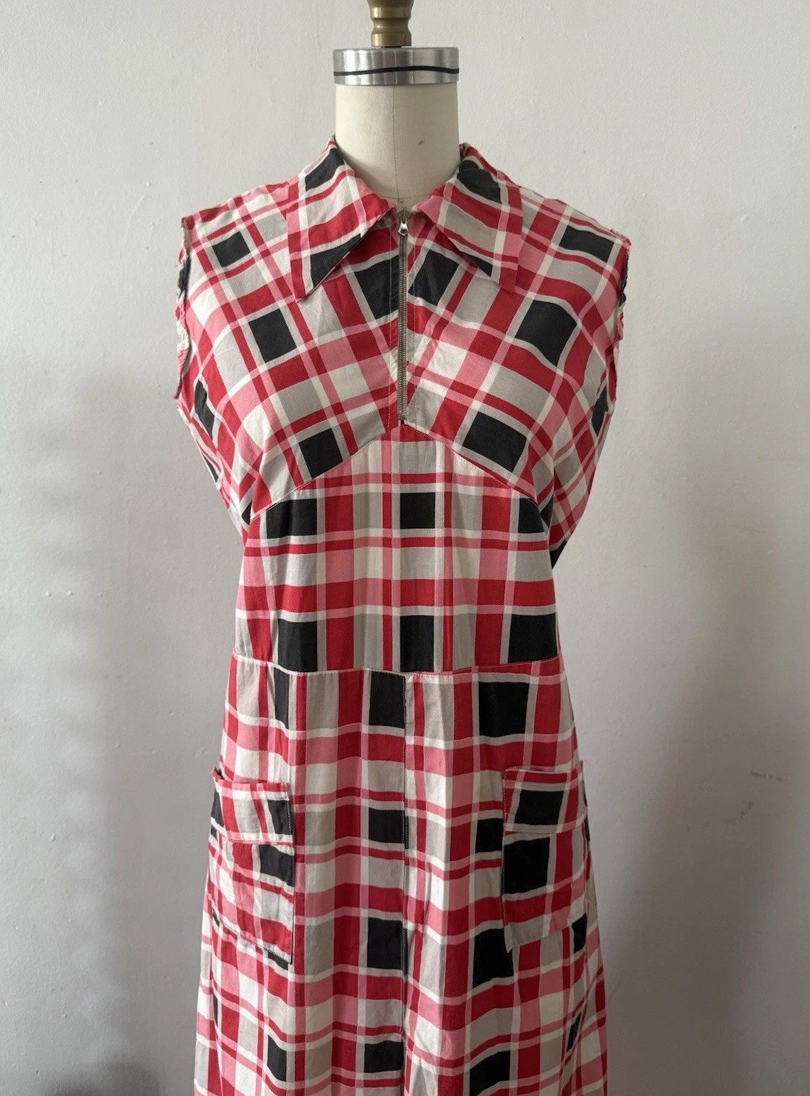 30s Glazed Cotton Plaid Pointed Collar 1/4 Zip Halter Dress Midi Sportswear S/M