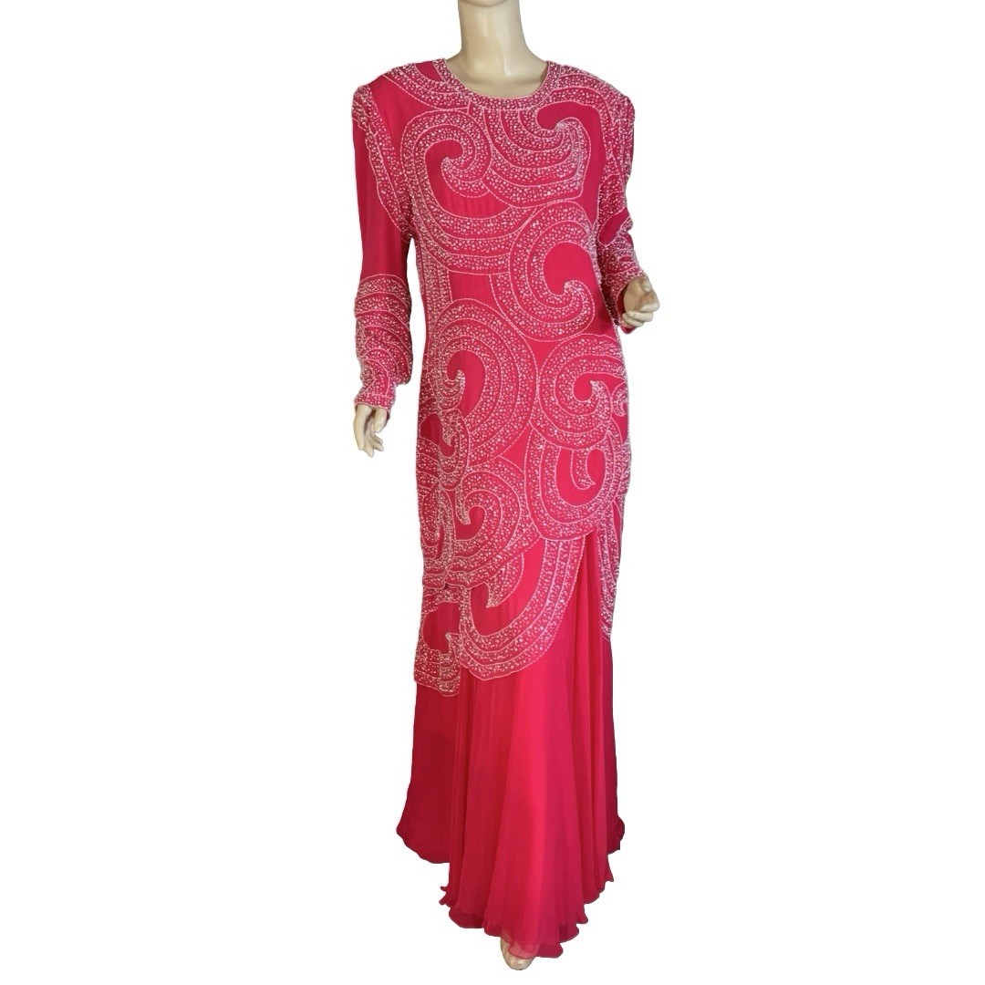 WOMEN’S VINTAGE 1980’S JACK PINK & WHITE BEADED FORMAL DRESS SIZE 14