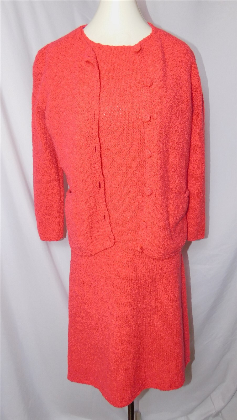 Vtg Knit Hot Pink Boucle 2 Pc Cardigan Short Sleeve Dress Set Outfit 1960s