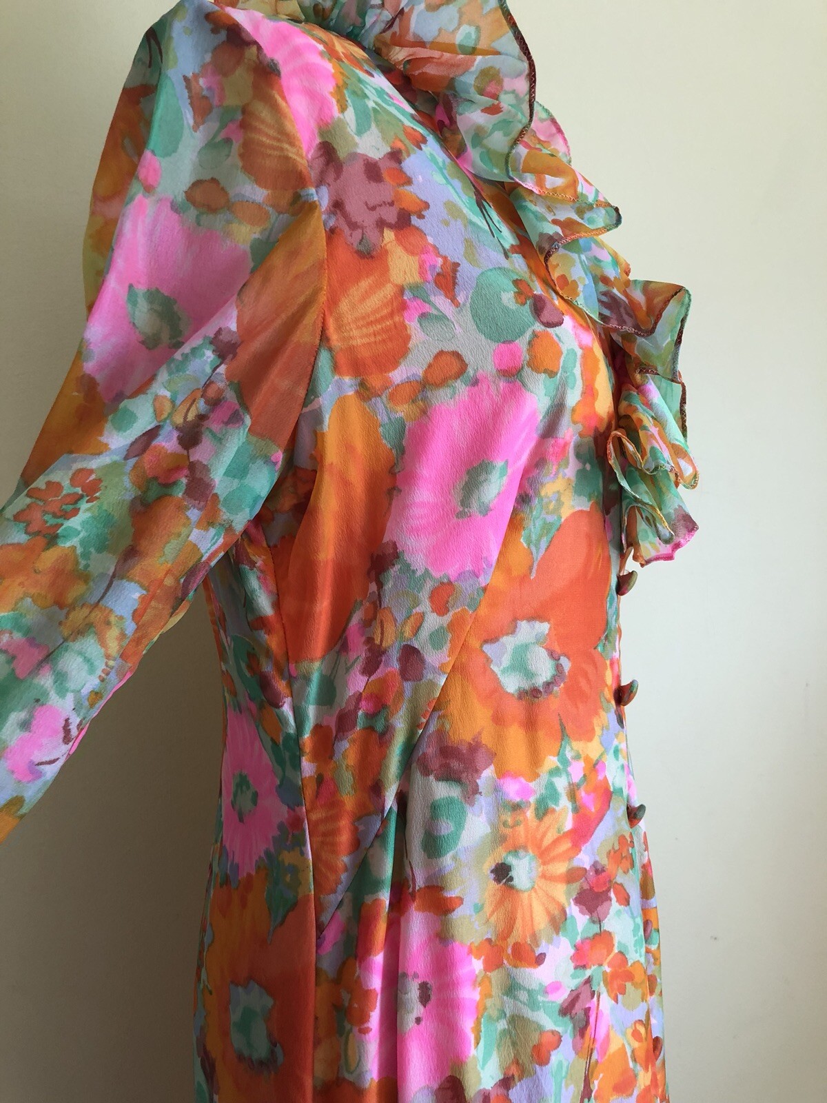 Vintage 70s Psychedelic Bright Pink Orange Floral Long Hippie Dress Sz Sm-Medium