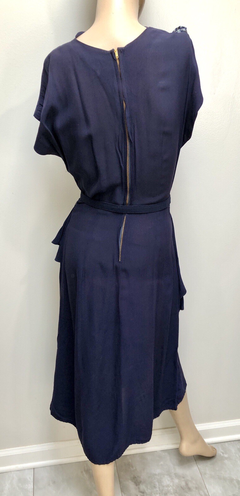 VTG 1940s Rayon Crepe ASYMMETRIC Waterfall PEPLUM Swing Dress *GINGHAM Accents