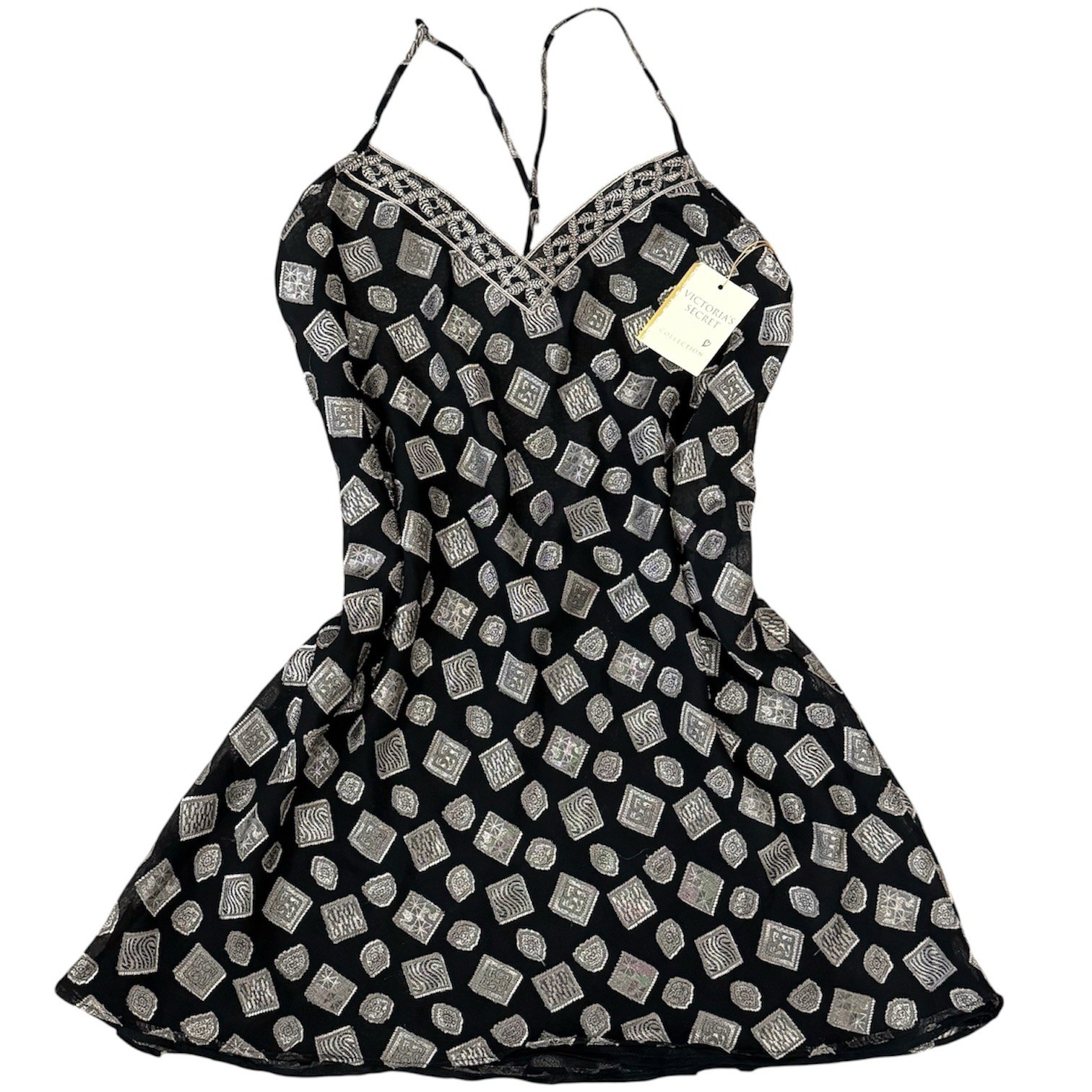 VTG 1995 Victoria’s Secret Script Label Slip Dress L Black Silver Geometric NWT