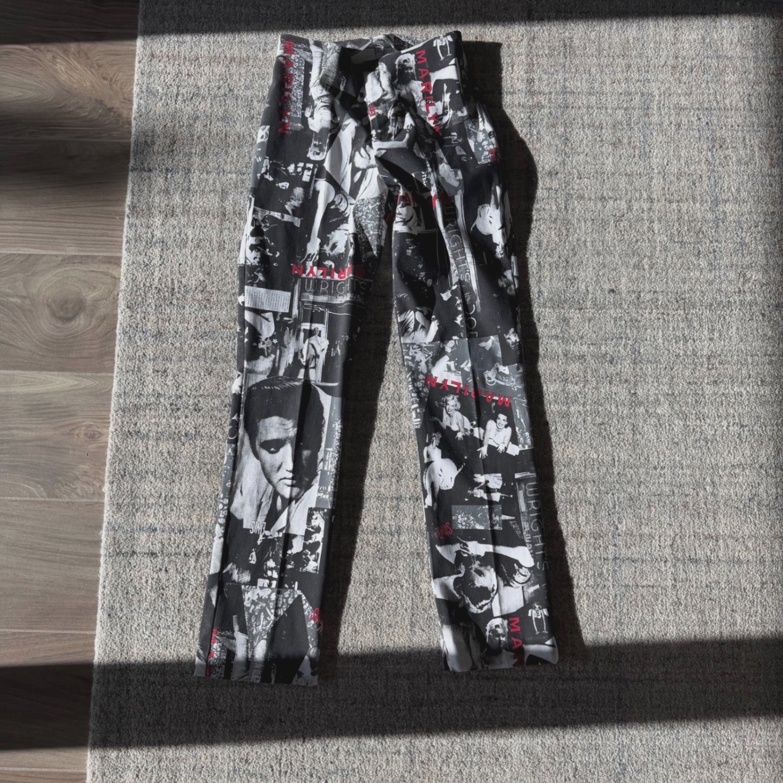 Marilyn Monroe Elvis Presley Collage Print High Waisted Pants Black White Red