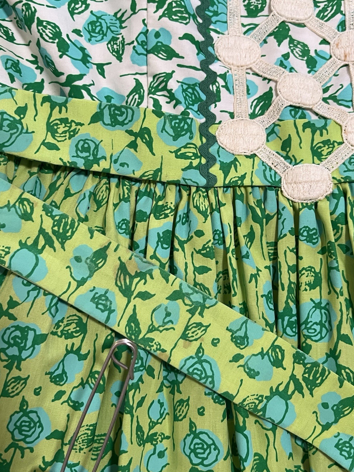 Vintage 1960s Lilly Pulitzer Dress Blue & Green Florals Rickrack Trim Tie Back