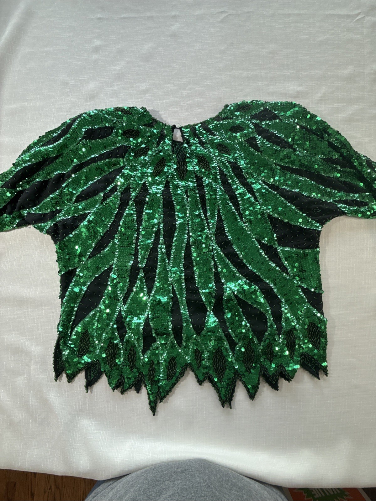 Vintage 80’s Iris Sequin Green And Black Flame Pattern Top Size L