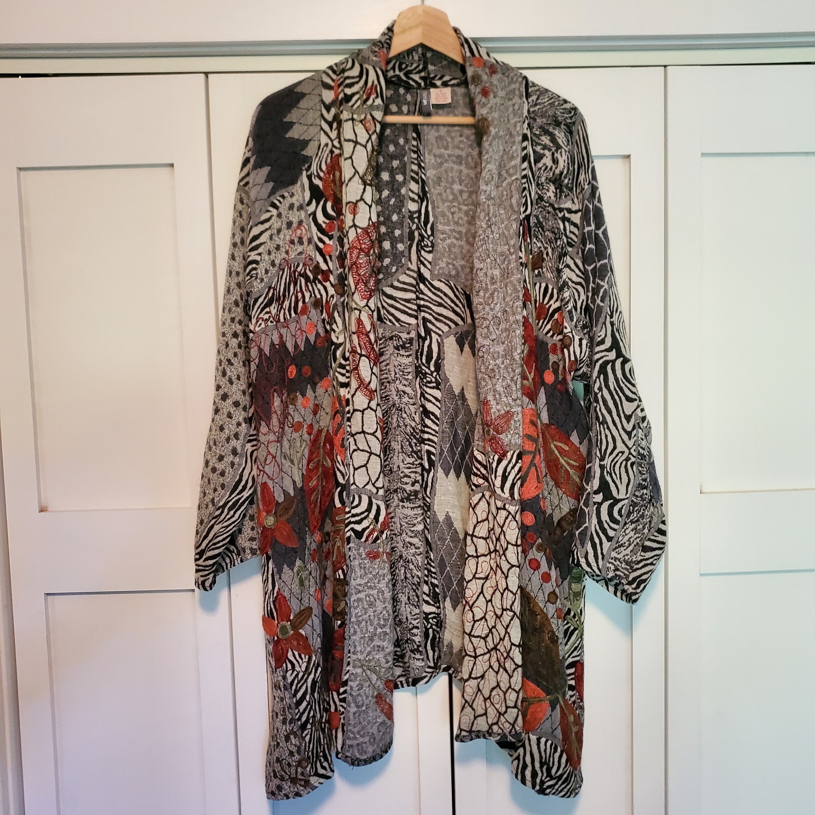VTG Anu Wool Patchwork Abstract Art Open Jacket Womens S Mixed Media Embroidered