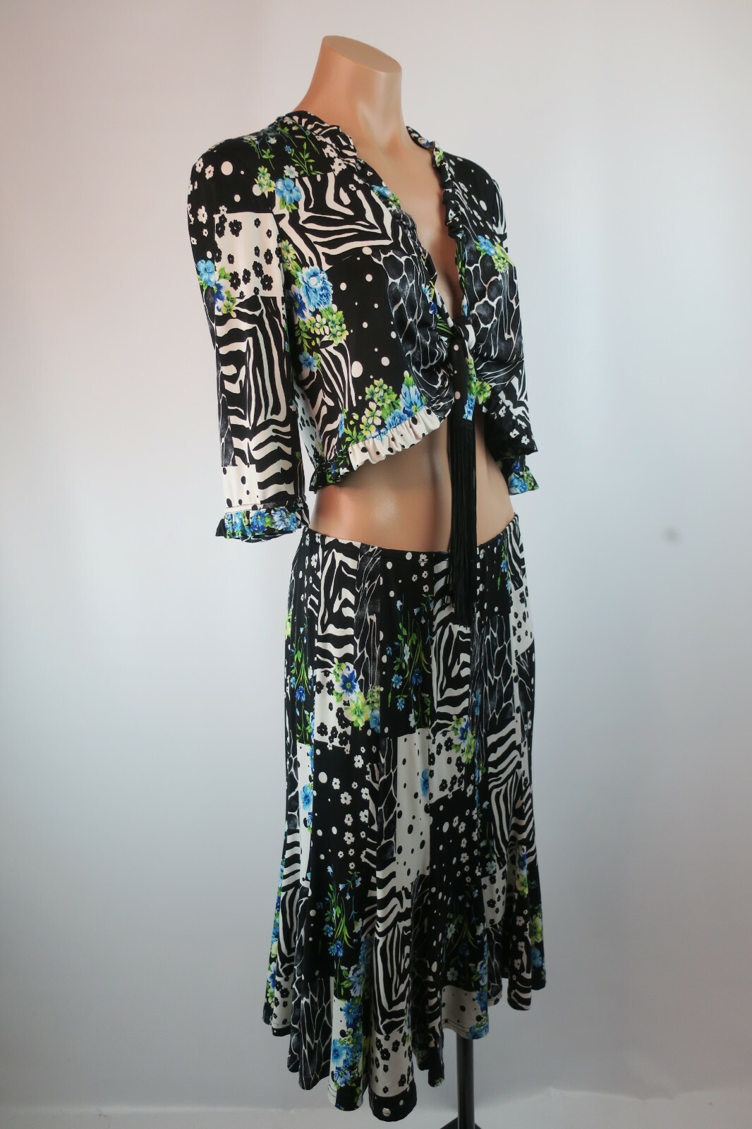 VTG JOSEPH RIBKOFF Skirt Fringe Floral Cover-Up Jumpsuit 2pc Playsuit Crop-top