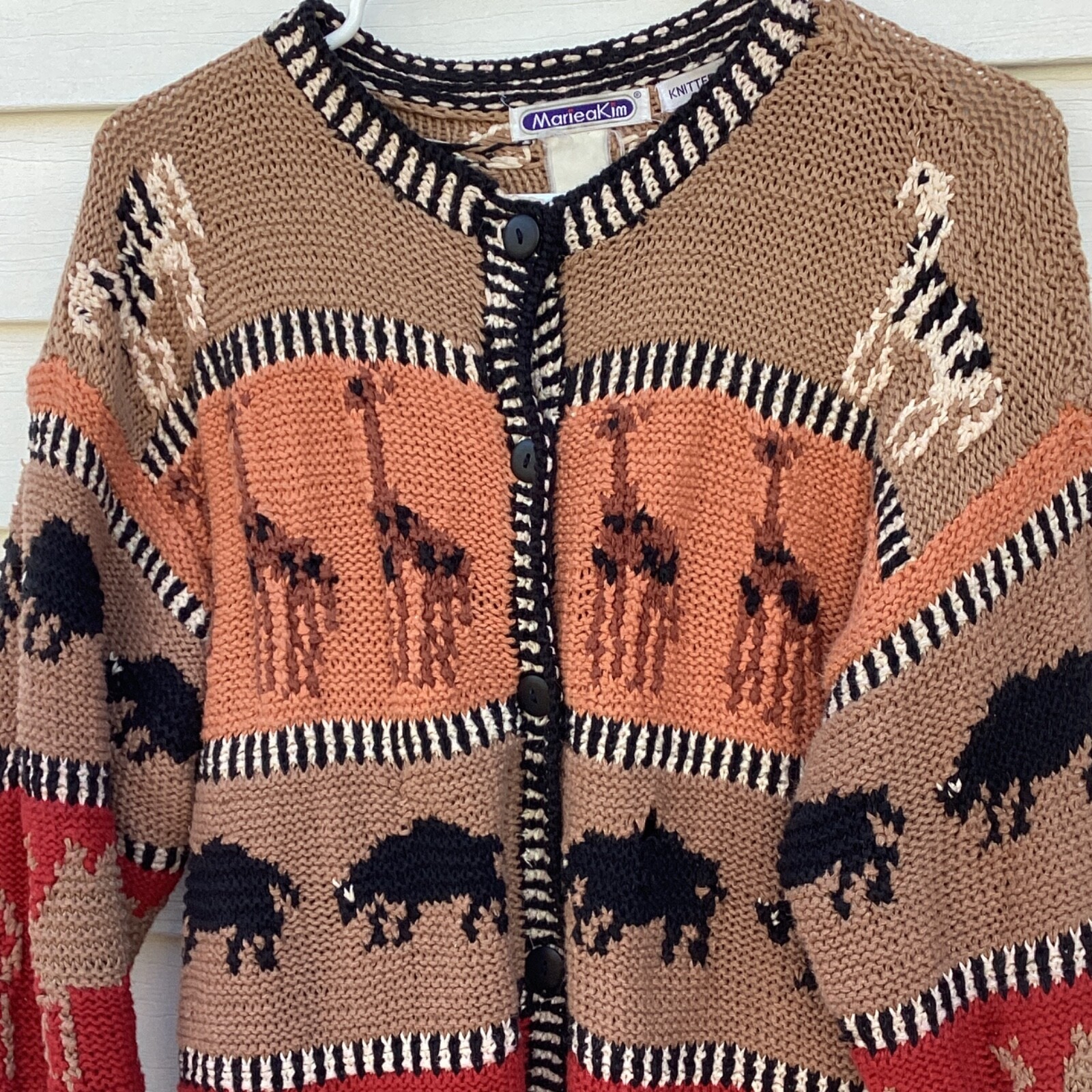 Vintage Mariea Kim Cardigan Sweater Safari Handknit Animals Giraffe Elephants