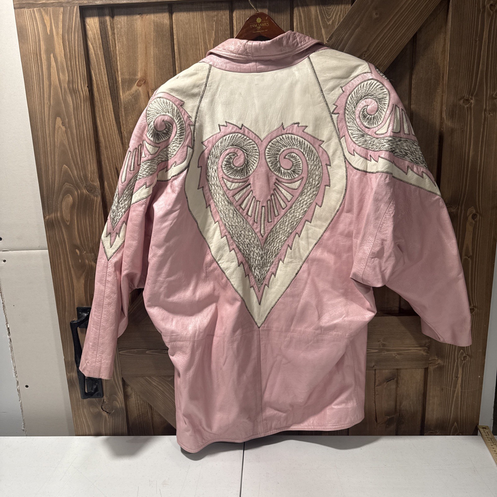 Suzelle Vintage Pink and White Heart Leather Jacket Medium