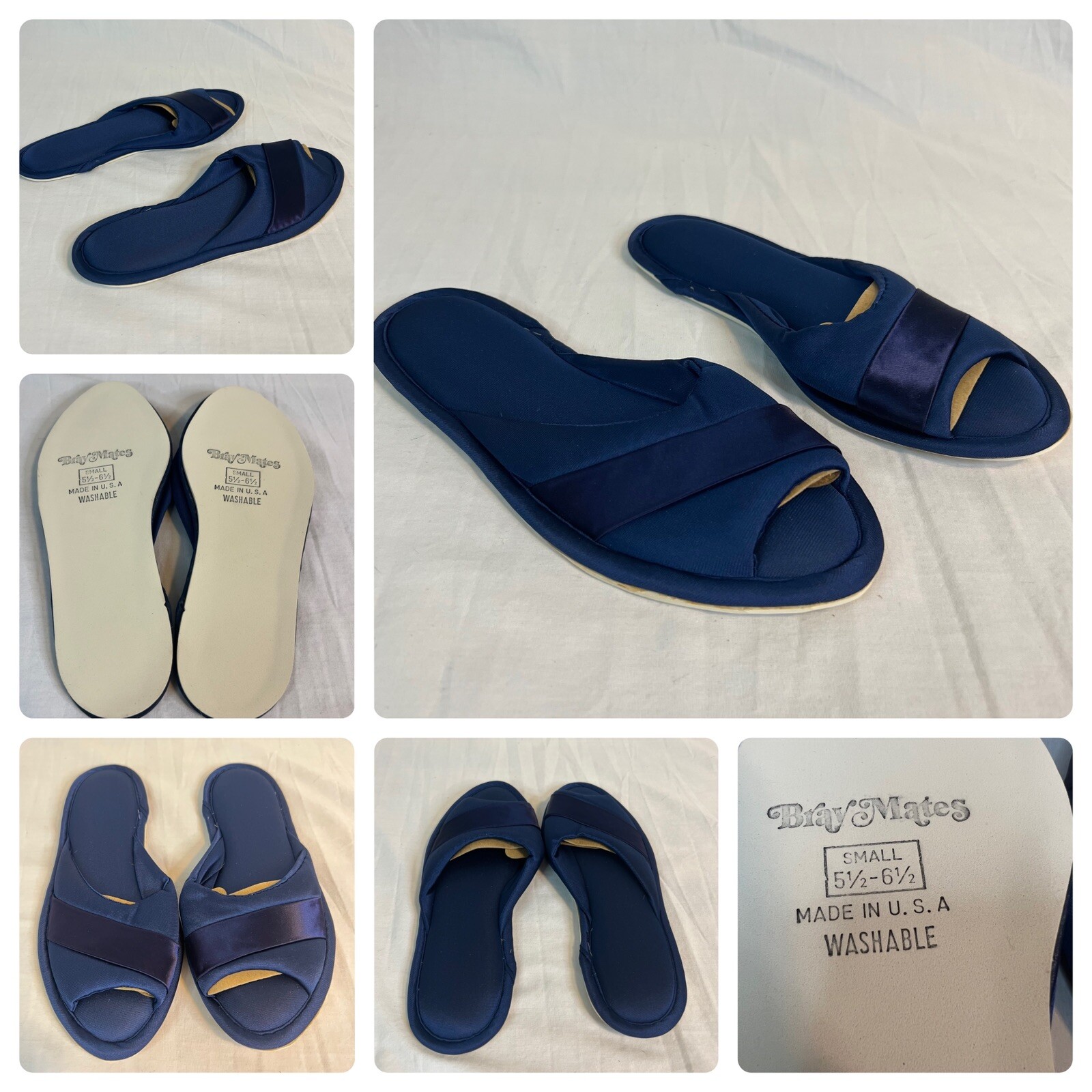 Bray Mates Slip-On Satin Slipper Bedroom Shoes Sz 6 Never Worn USA Navy Blue